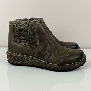 Aetrex Women’s Size 6-6.5 Tessa Sweater Brown Leather Wedge Ankle Boots Side Zip